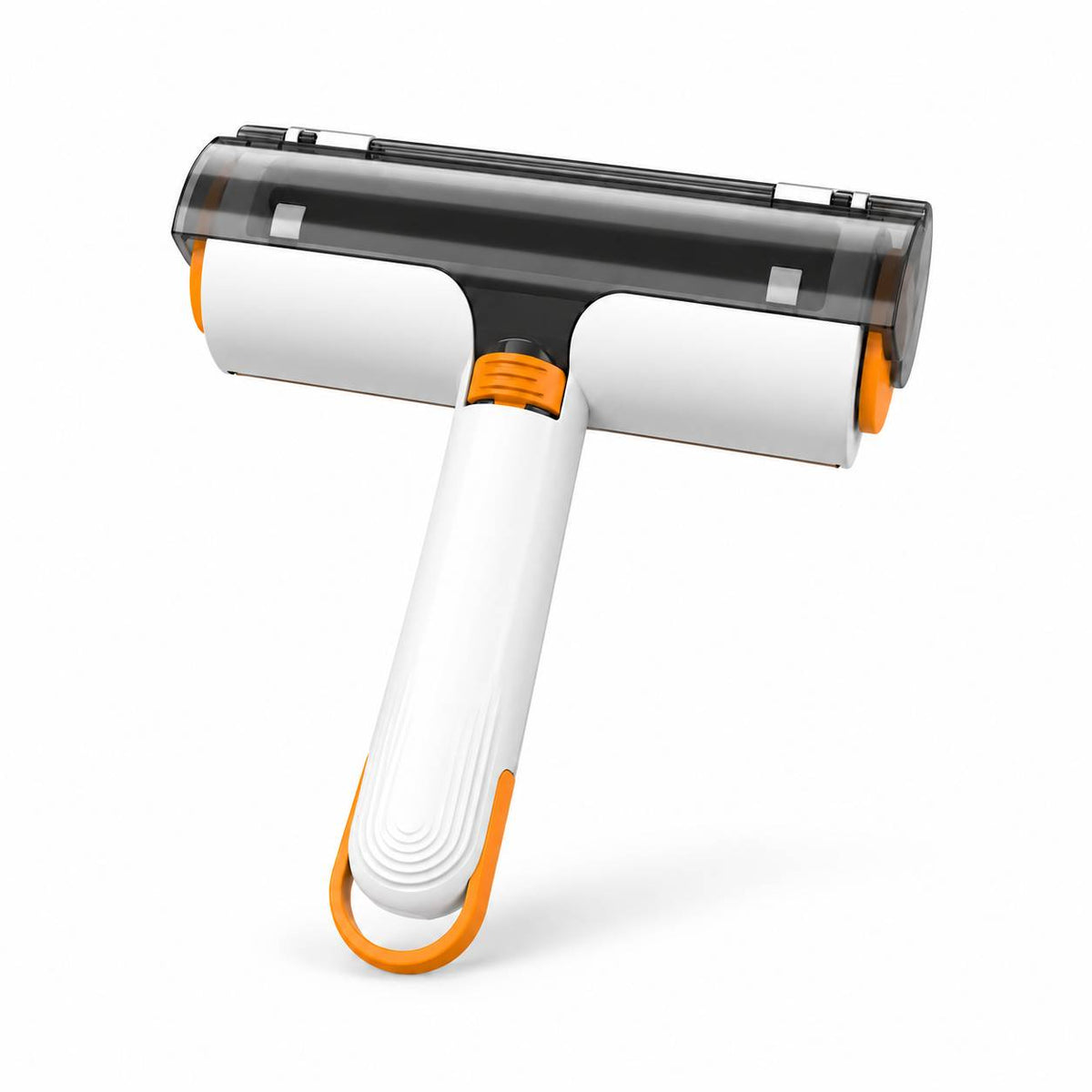 White and orange reusable pet hair remover roller on a clean background