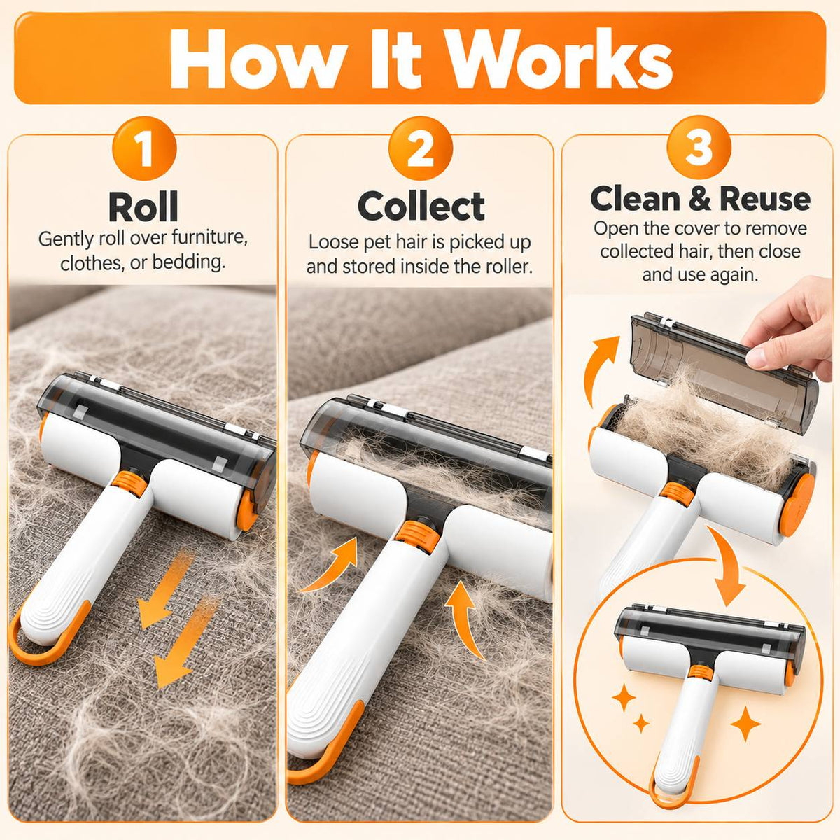 Reusable handheld pet hair roller with white handle and orange accents