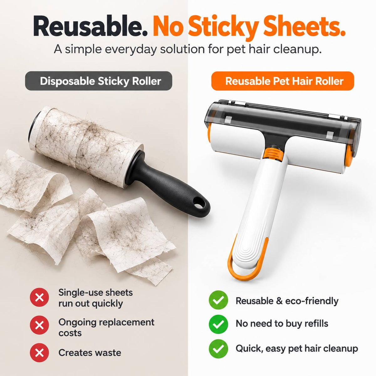 Reusable pet hair cleaning roller for furniture and upholstery